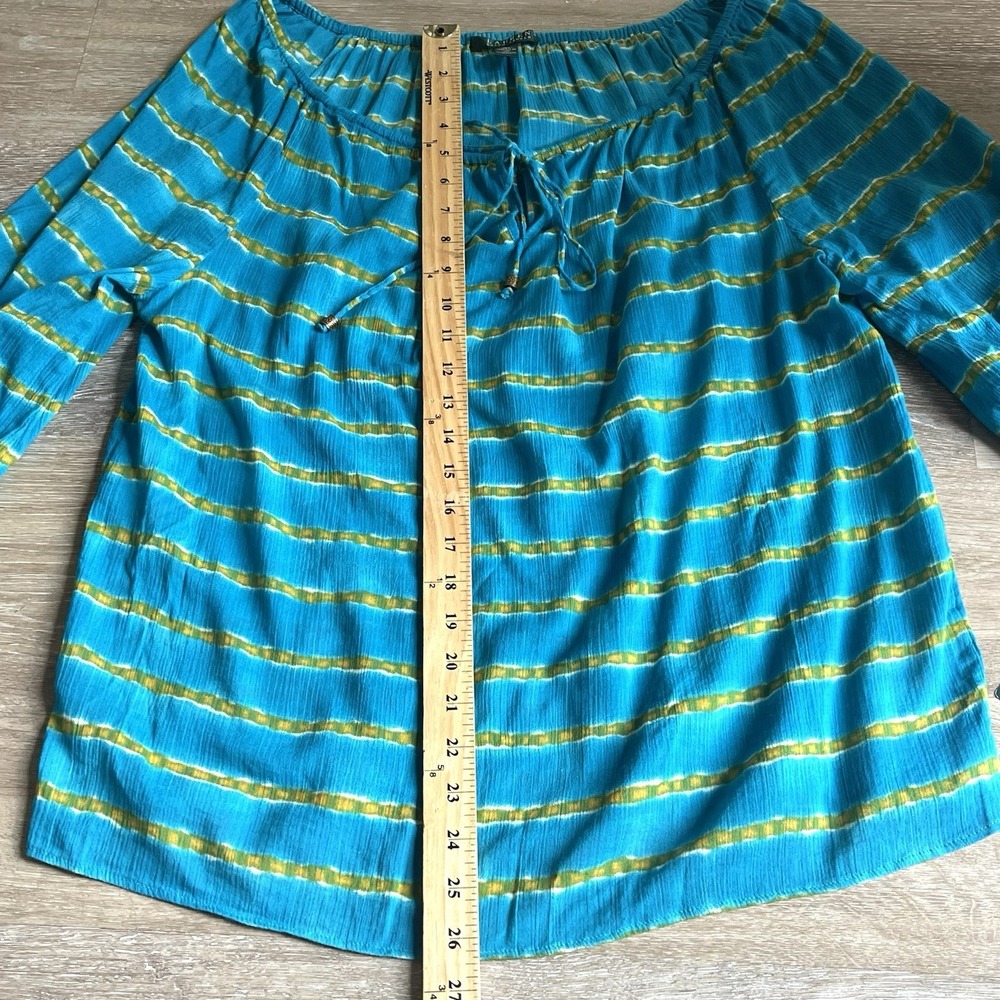 Lauren Ralph Lauren Turquoise  Stripe Crinkled Cotton Peasant Top Med Sheer NWT - Picture 2 of 7